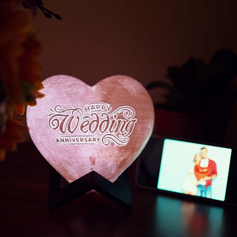 Personalised Heart Moon Lamp with Wooden Base